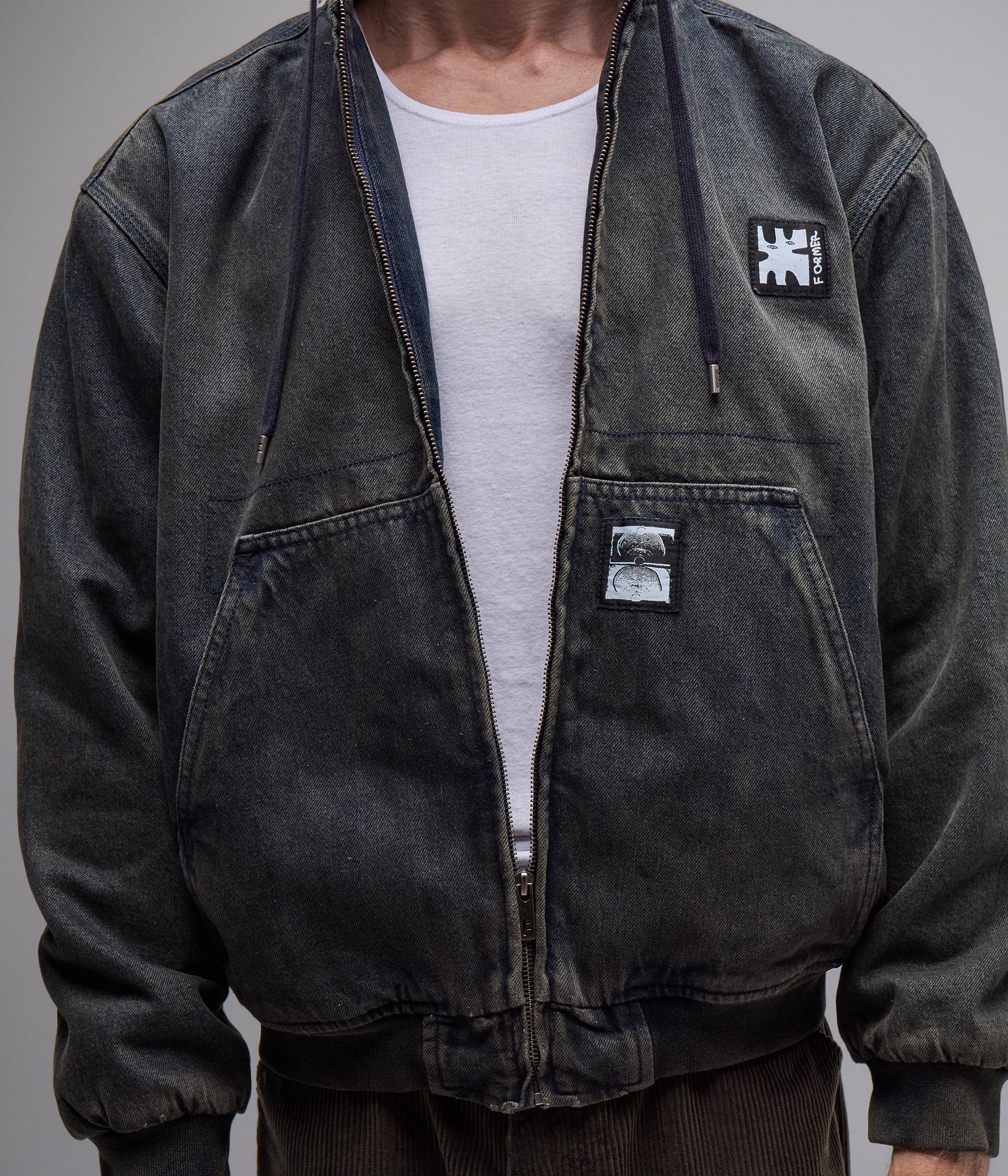 FORMER ENIGMA HOODED DENIM JACKET // DARK BLUE
