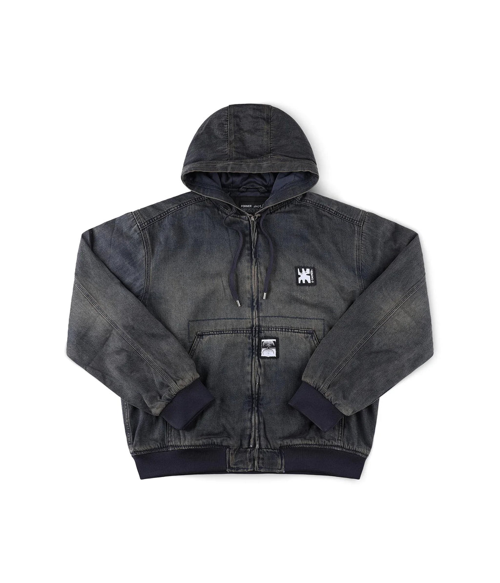 FORMER ENIGMA HOODED DENIM JACKET // DARK BLUE